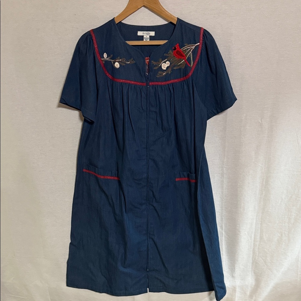 So Softly Patio Dress Embroidered Bird & Floral short sleeve Zip Front Nap dress